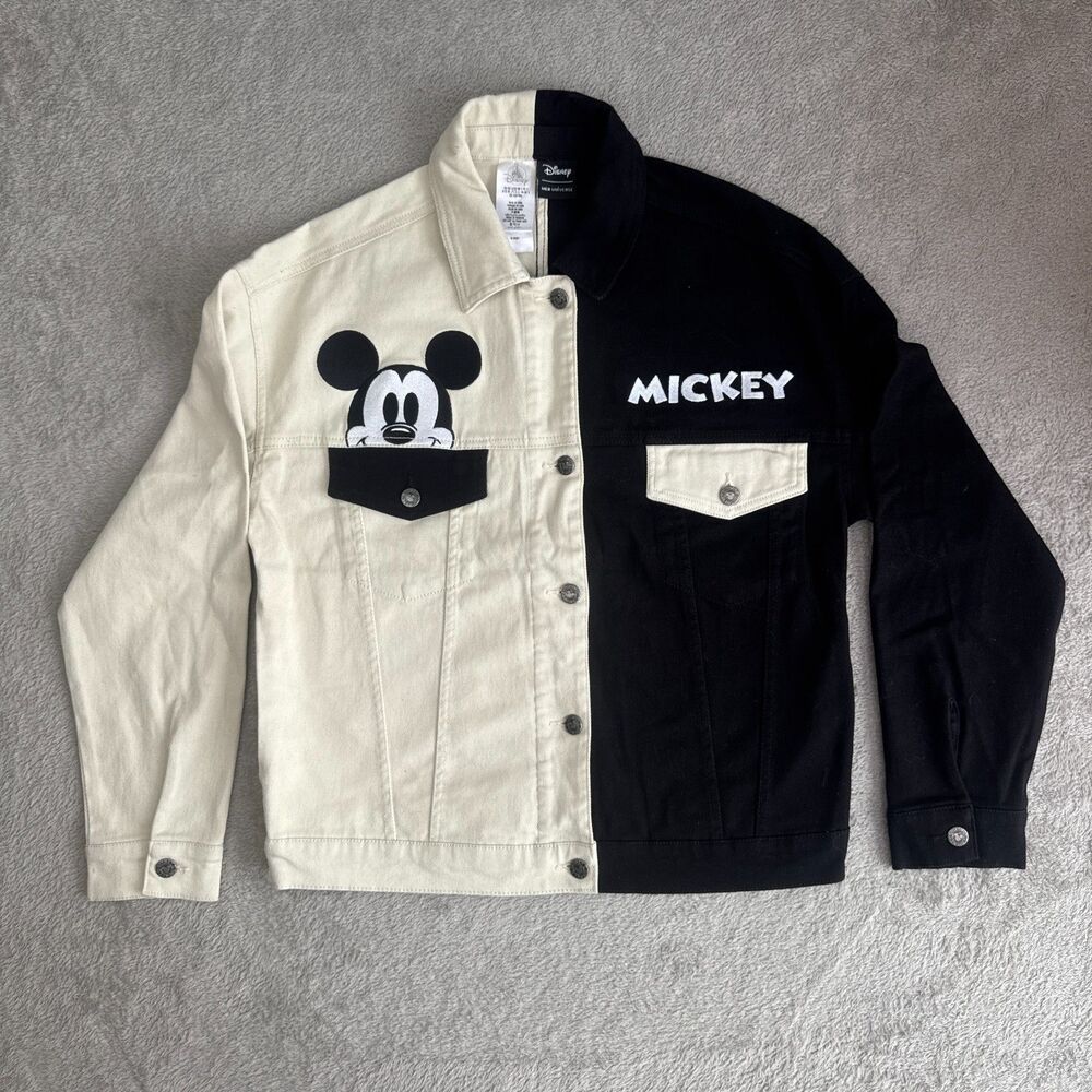 Her Universe Disney Mickey Mouse Trucker Jacket Womens S Black Beige Colorblock